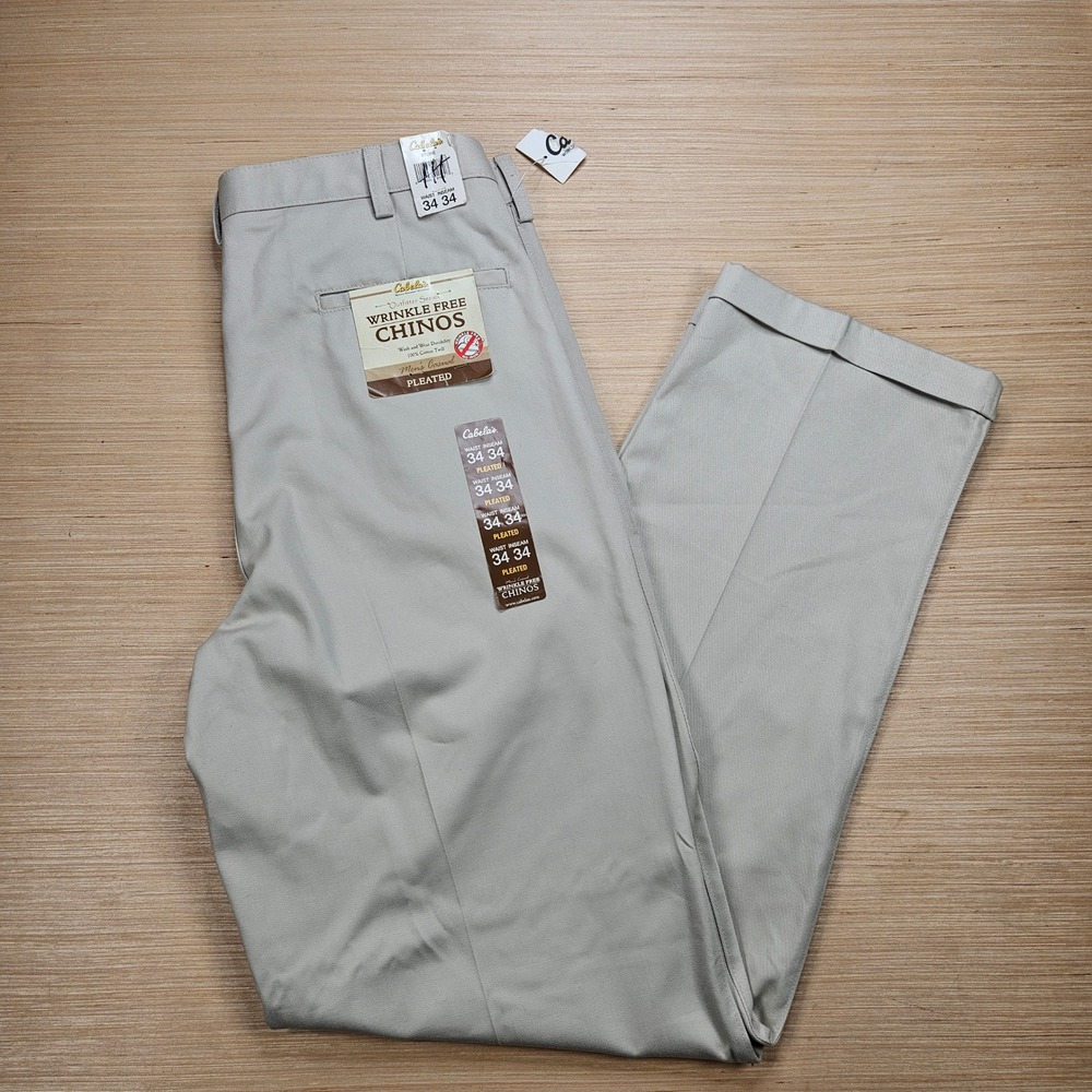 Cabela's Wrinkle Free Chinos Men 34x34 Stone Pleated Cotton Twill NEW